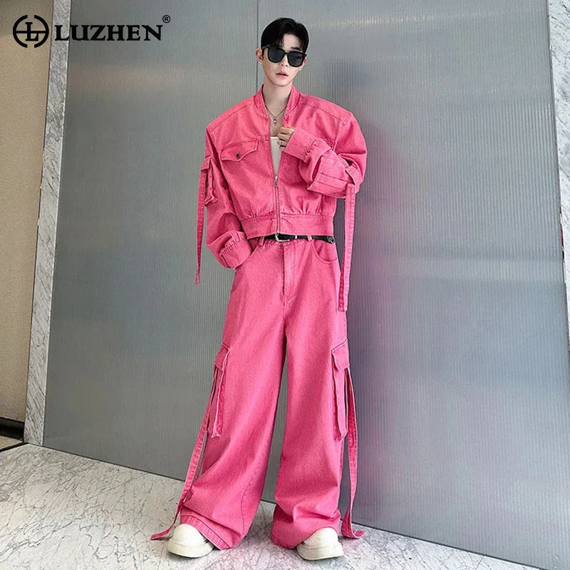 

LUZHEN 2026 Spring New Tassel Decorate Design Short Jacket Men's Stylish Many Pockets Loose Cargo Pants Two-piece Sets JY6264