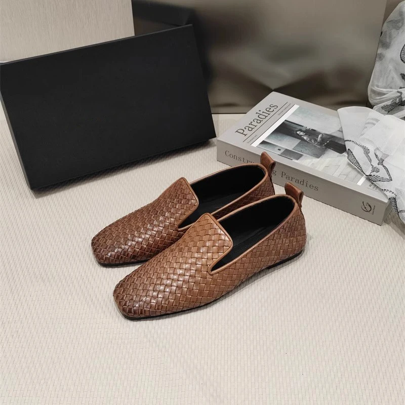 2024 Spring New Square Head Women\'s Shoes  Cowhide woven lazy shoes  Lefu shoes  Breathable casual shoes