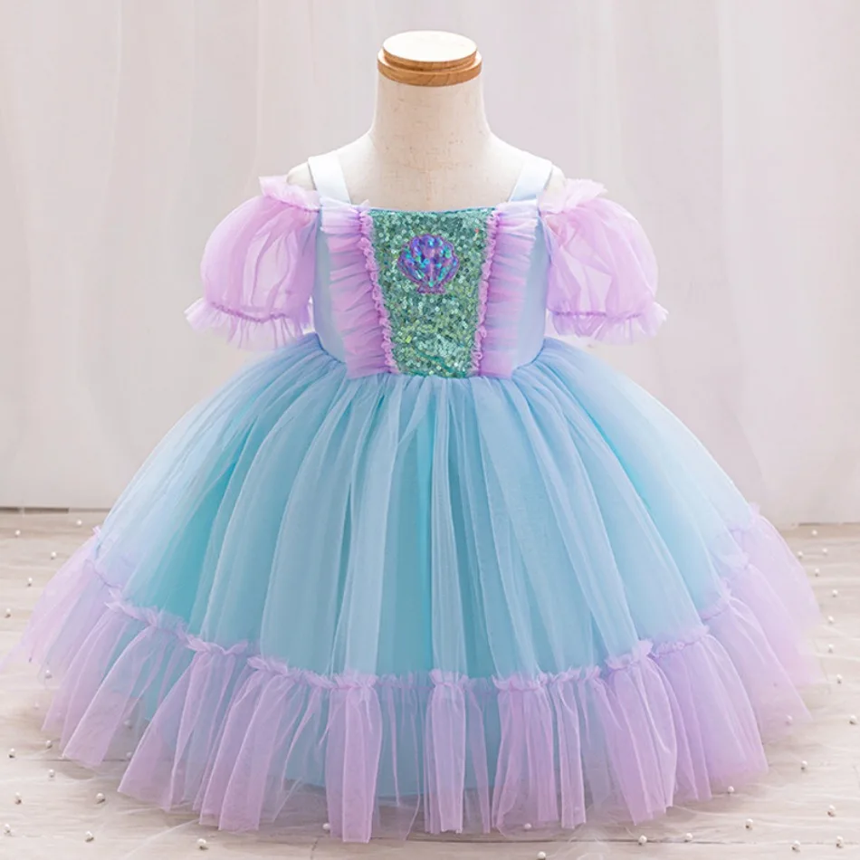 Baby Girl Sequined Mesh Birthday Christening Dress Halloween Mermaid Dress Up Costume Children Short Sleeve Tutu Dresses XMZ65