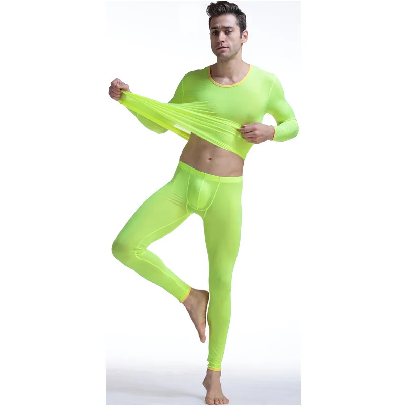 Conjunto de ropa interior térmica a la moda para hombre, ropa de dormir elástica de seda helada de secado rápido para el hogar, pijama de manga larga transparente fino suave