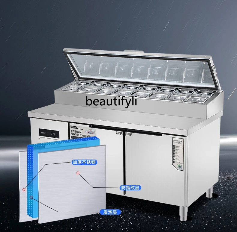 Commercial fresh-keeping pizza station slotted cold vegetable fruit refrigerator, frozen milk tea shop freezer