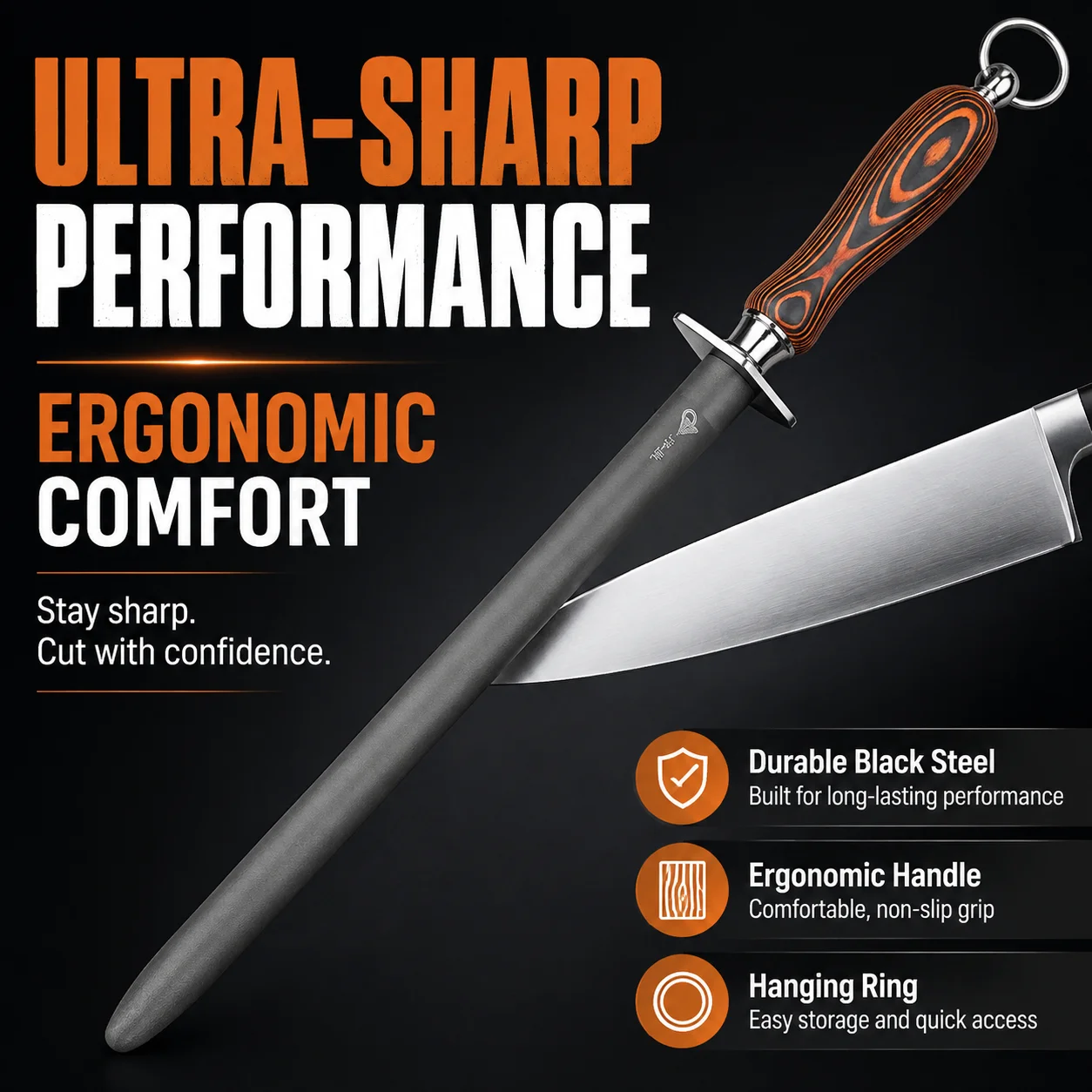 Mikata Wood Handle Honing Steel | Professional Sharpening Rod For Chef/Butcher Knives, Quick Edge & Anti-Slip Design