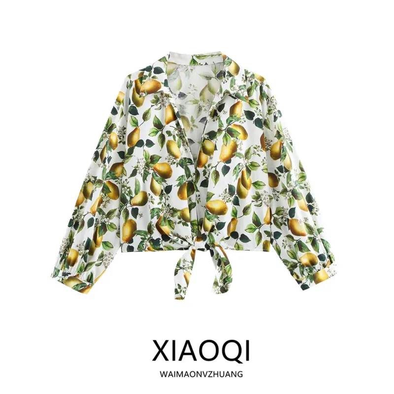 قميص نسائي قطني مطبوع لخريف 2024 مع ربطة عنق وأكمام طويلة وياقة مقلوبة متعدد الاستخدامات بخصر مرتفع وطول قصير وتصميم عصري #5