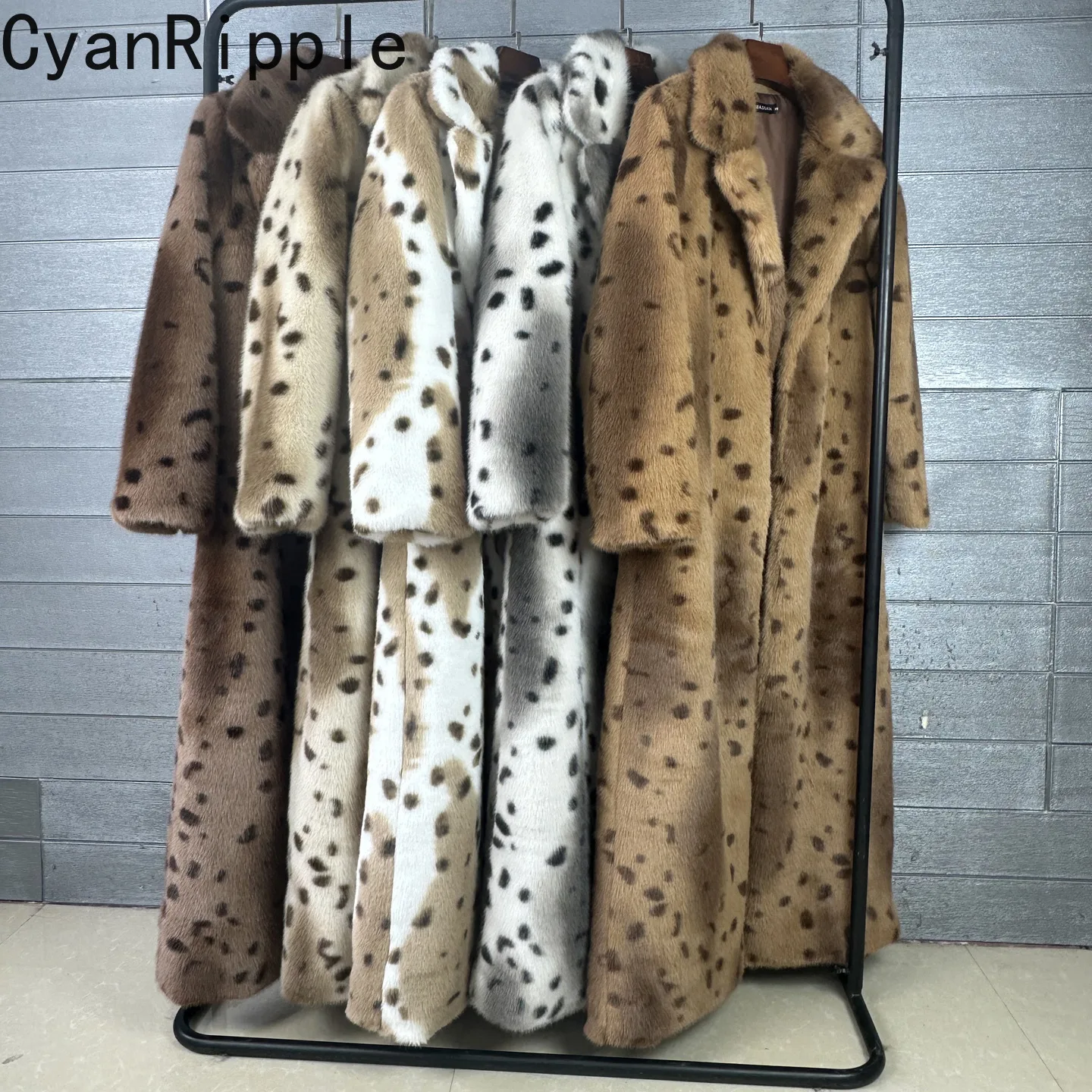 Imitation Mink Fur Leopard Female Overcoat Ultra Long Turn-down Collar Loose Winter Fur Jacket Elegant Long Sleeve Fake Fur Coat