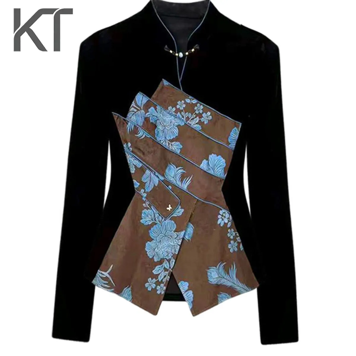 

Новая женская черная бархатная блузка KT 2026 в китайском стиле с цветочным принтом, пэчворком и приталенным силуэтом, воротник-стойка