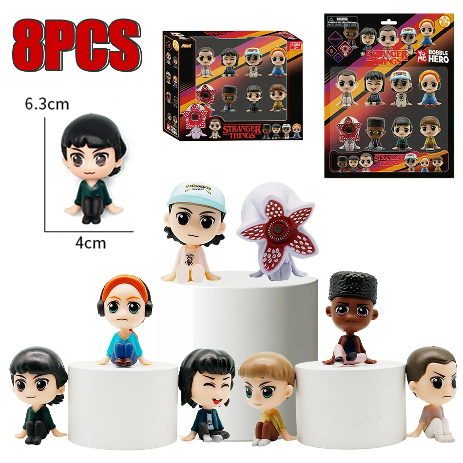 8 szt. Anime Stranger Things Blind Box Figurki w wersji Q, siedzące, Jane Ives/Will Byers, figurka akcji, statuetka na biurko, zabawka, prezent