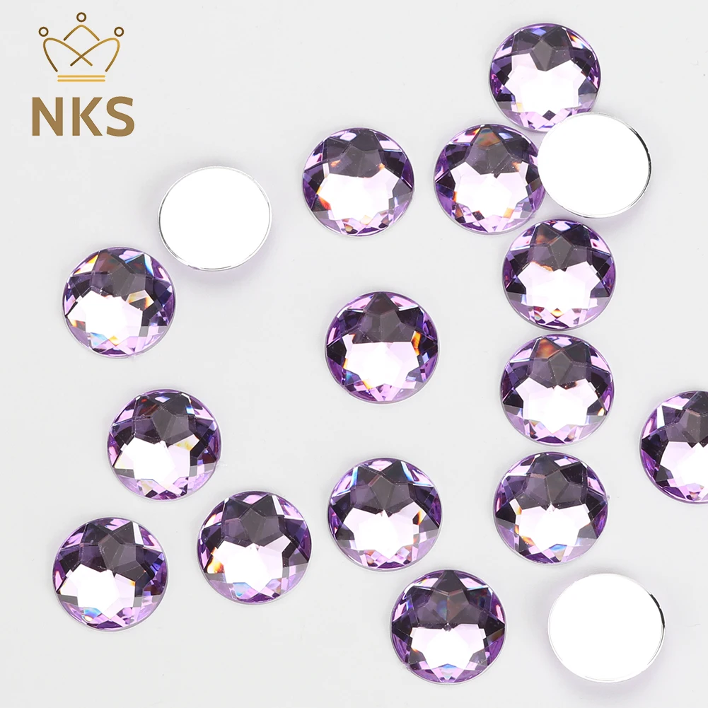 NKS-diamantes de imitación acrílicos para ropa, cristales de forma redonda con parte trasera plana, accesorios para manualidades, color morado claro, 10, 12, 14, 16, 20, 25 y 30m