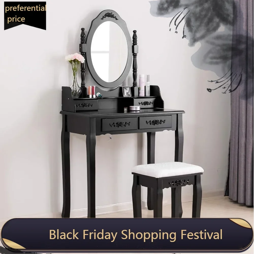 

Vanity Table,Makeup Dressing Table with Oval Mirror,Bedroom Vanity Set w/Cushioned Stool 4 Drawers Women Girls Kids Black