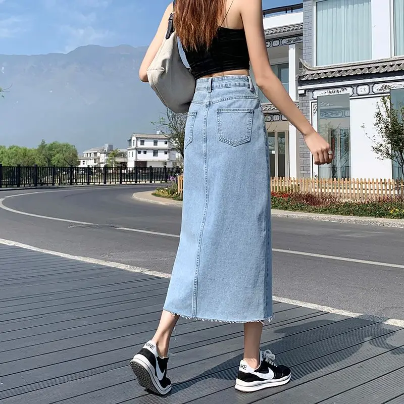 여성 빈티지 데님 솔리드 미디 기장 스커트 2025 여름 우아한 캐주얼 A라인 사이드 슬릿 코튼 여성 의류 신상 드레스
