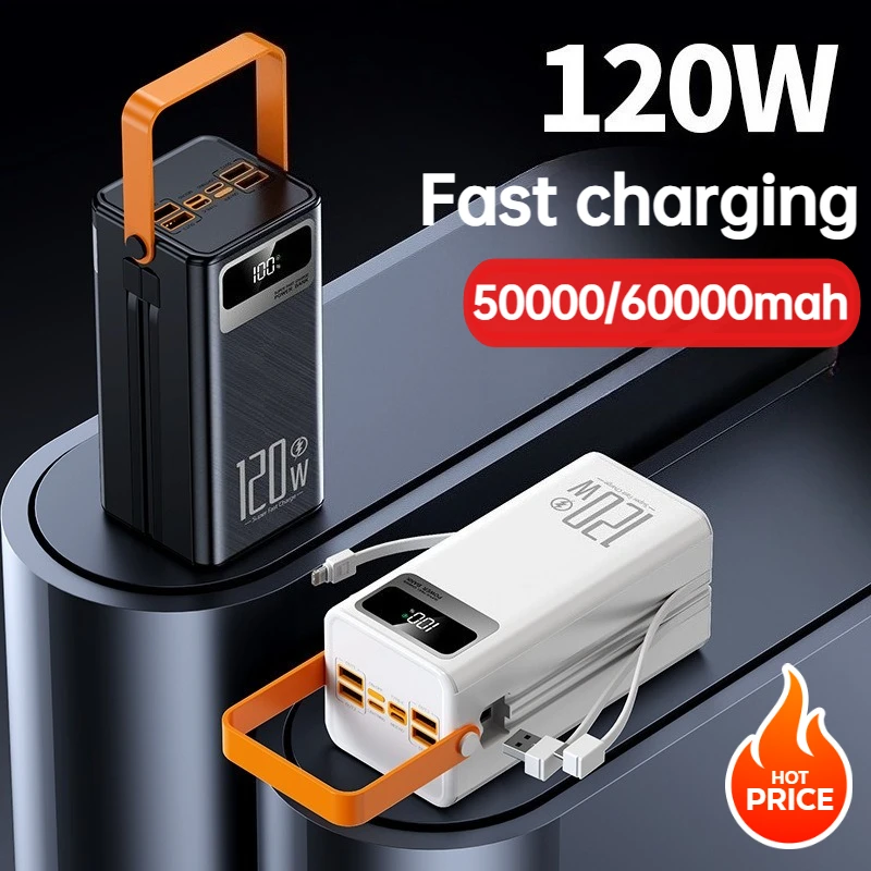 

Powerbank Портативный Power Bank большой емкости 50000/60000 мАч 120 Вт Быстрое зарядное устройство с кабелем USB C Открытый кемпинг для IPhone Samsung