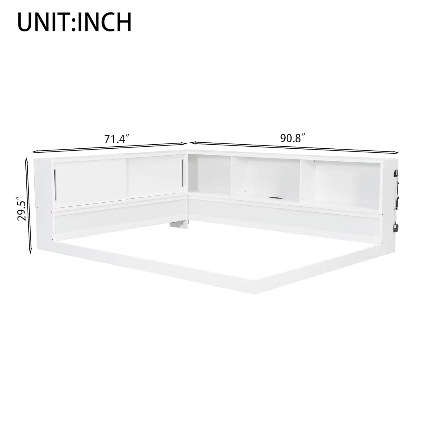 Queen Size Corner Bed with Bookcase, Wood L-Shaped Floor Daybed with LED Lights & USB Ports, Floor Corner Bed Frame, Customized