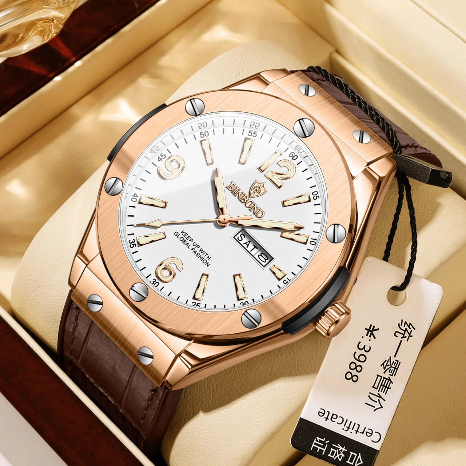 

BINBOND мужские часы, модные оригинальные кварцевые часы с большим циферблатом для мужчин, кожаный ремешок, водостойкий светящийся дата недели, reloj 2025