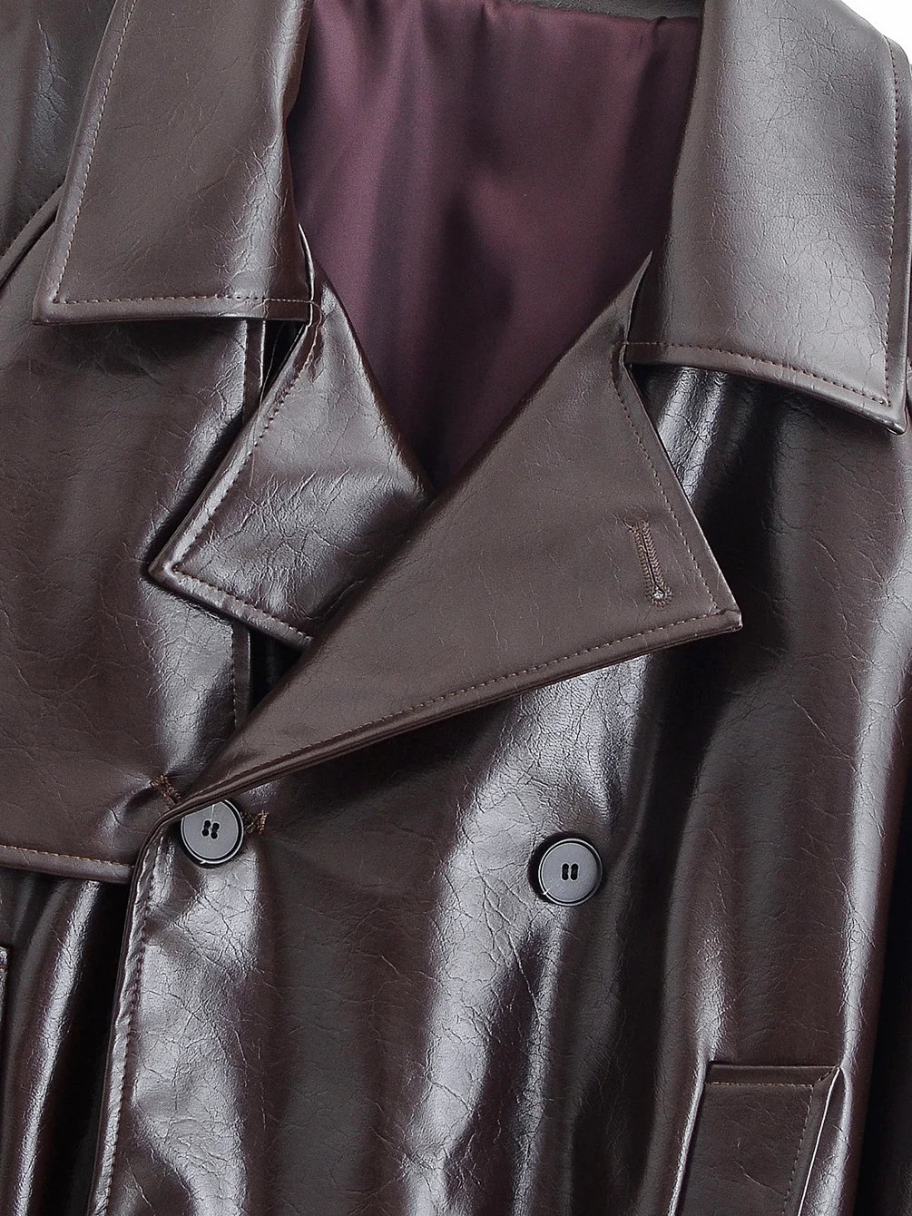 Gola com cinto brilhante com botão de fileira dupla Couro PU Jaet Casaco feminino Faion Casaco de motociclista moderno longo Sve Regula...