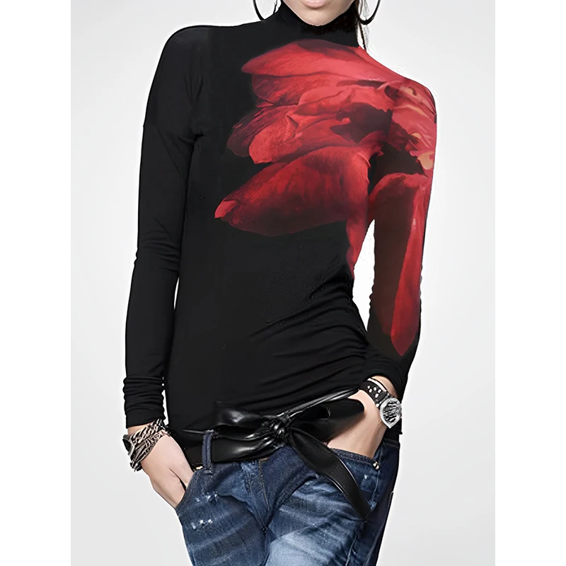 Krisnanas Women Long Sleeves Skinny Tops 2024 Fashion Autumn Asymmetric Printed Split-Joint High Neck T-Shirts Tops