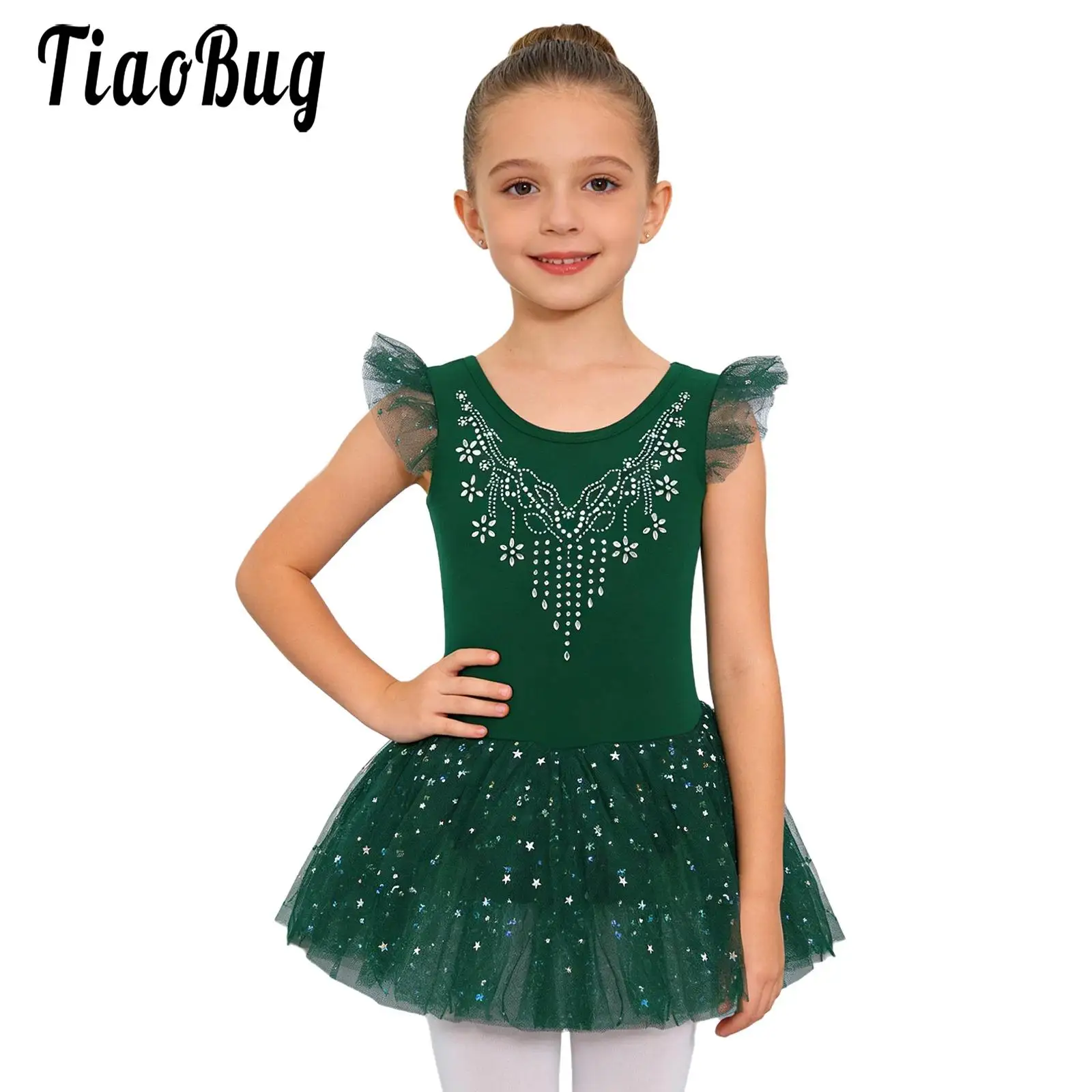 

Kids Girls Leotards Mesh Skirted Tutu Ballet Dance Dress Sleeveless Rhinestones Bodice Sequins Tulle Dress with Built-in Briefs