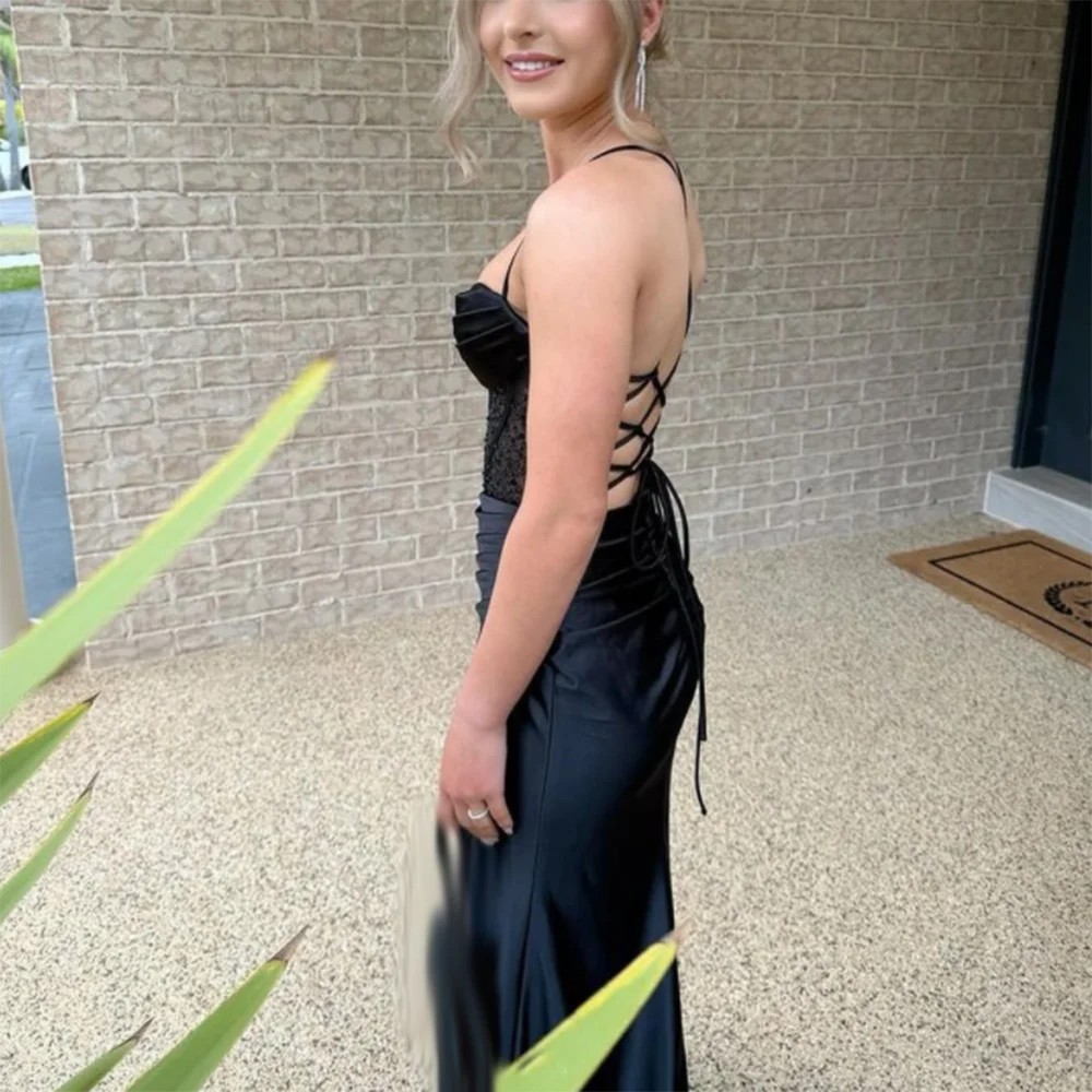 Ccstomized noir sirène robes de bal longueur au sol Spaghetti sangle sans manches robe de soirée mode paillettes dos nu à lacets