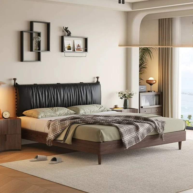 Medieval solid wood leather bed retro black 2026 new master bedroom queen bed soft bag double bed