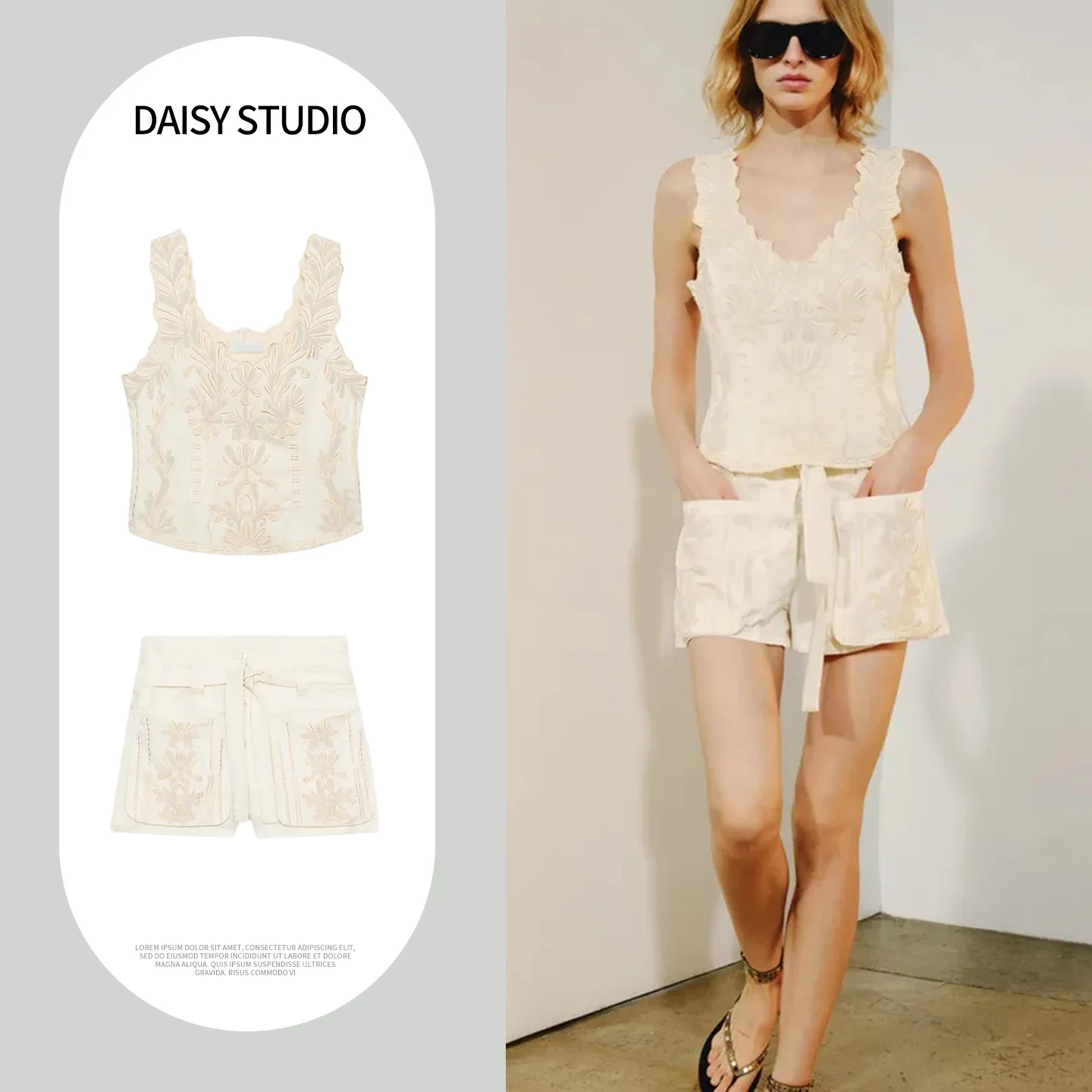 Casual Embroidered Sleeveless V-Neck Color Block Shorts Set mid Waist Summer Fashion Outfit Straight Cut Hem Top And Shorts