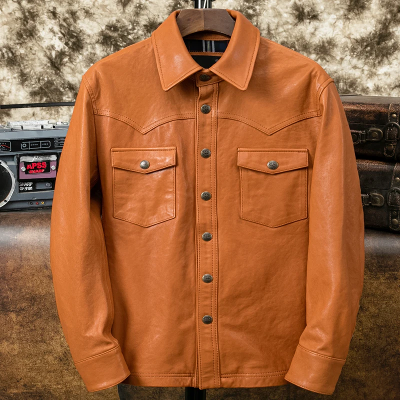 Orange Spring Leather Shirt Men Smart Casual Style Plus Size 6XL Natural Shepskin Slim Fit Genuine Leather Coat