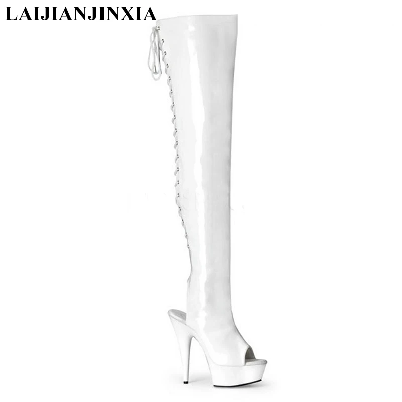 6Inch thin high heel Plus Size 12 Exotic Over The Knee Boots 15cm platform open toe women Lace Up stripper heels boots leather
