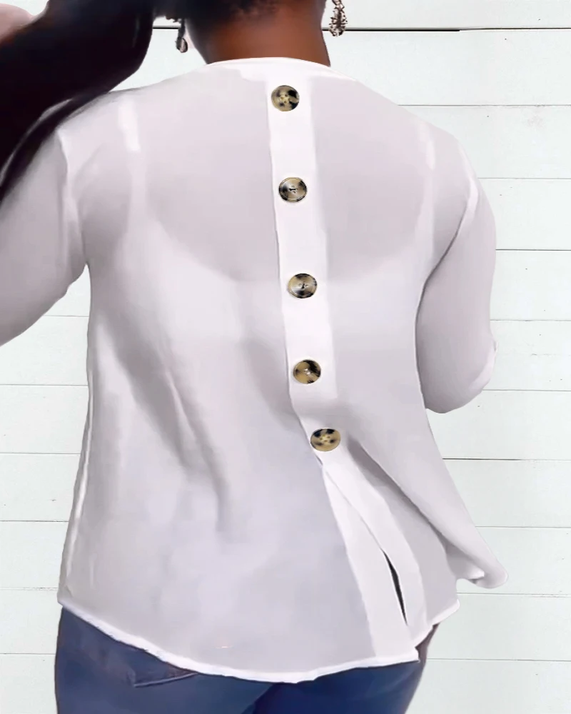 

V Neck Back Button Down Long Sleeve Blouse Casual Pocket Design Roll Up Sleeve Top