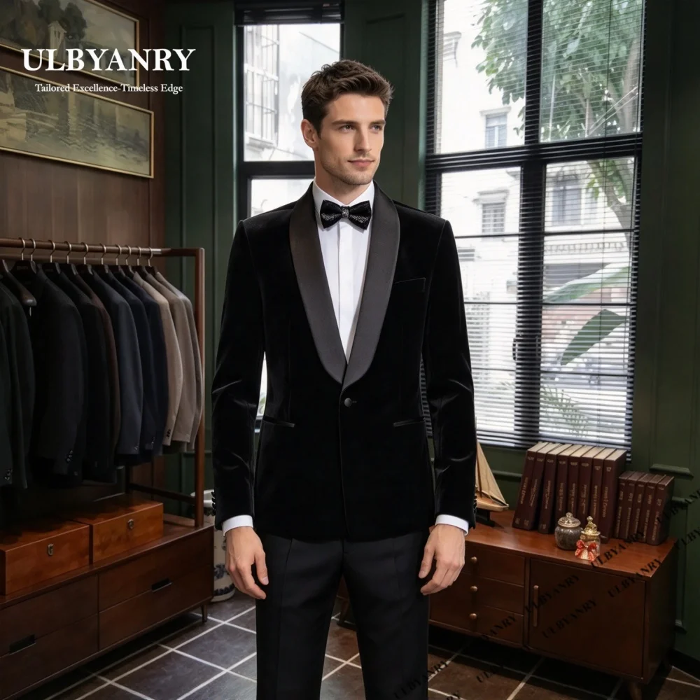 Men's Formal 2-Piece Suit Set Trend Velvet Single Button Suit Jacket Pants Set Evening Party Custom Suit Attire Prom Dresswear
