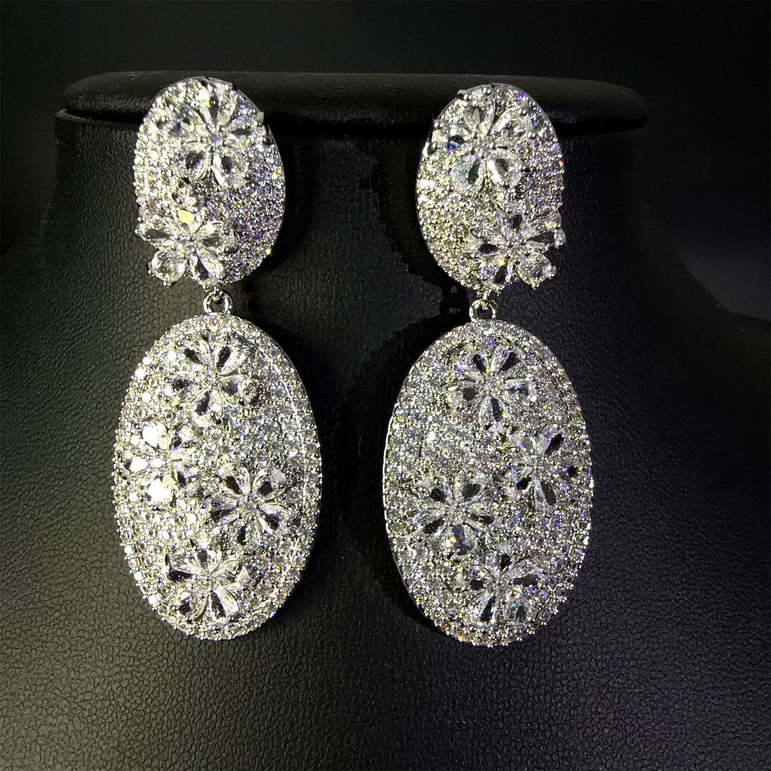 Silver Plated Oval Flower CZ Drop Earrings Full Paved Zircon Dangle Earrings Women Wedding Party Statement Jewelry