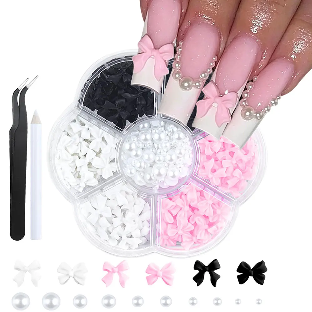 1 Box 3D Schwarz-Weiß-Rosa Schleifen-Nagelcharms Halbrunde Weiße Perlen Nagelstecker Strass Harz Flache Schleifenknoten Nagelzubehör 0,7 $ – Detail 1