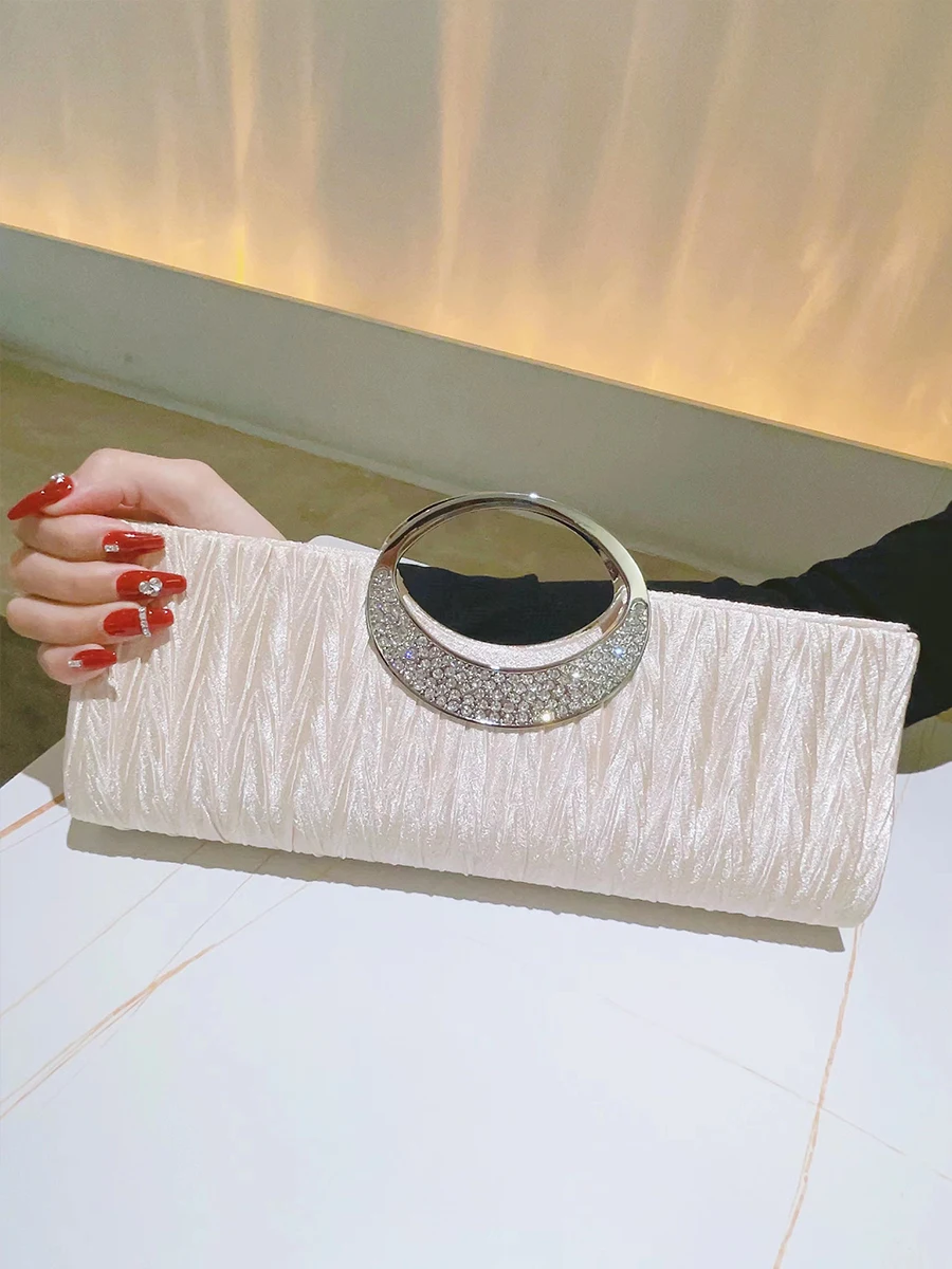 Satin Rhinestone Evening Clutch For Women Fashion Chain Handle Purse Pleated Handbags Wedding Cocktail Party Bag Champagne