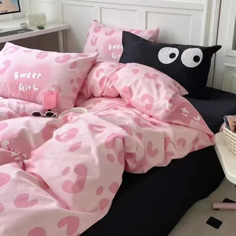 Korean Style Pink Sweet Girl Bedding Set Twin Queen 180x220cm Flat Sheet Pillowcase Bed Linen Kids Adult Fashion Duvet Cover