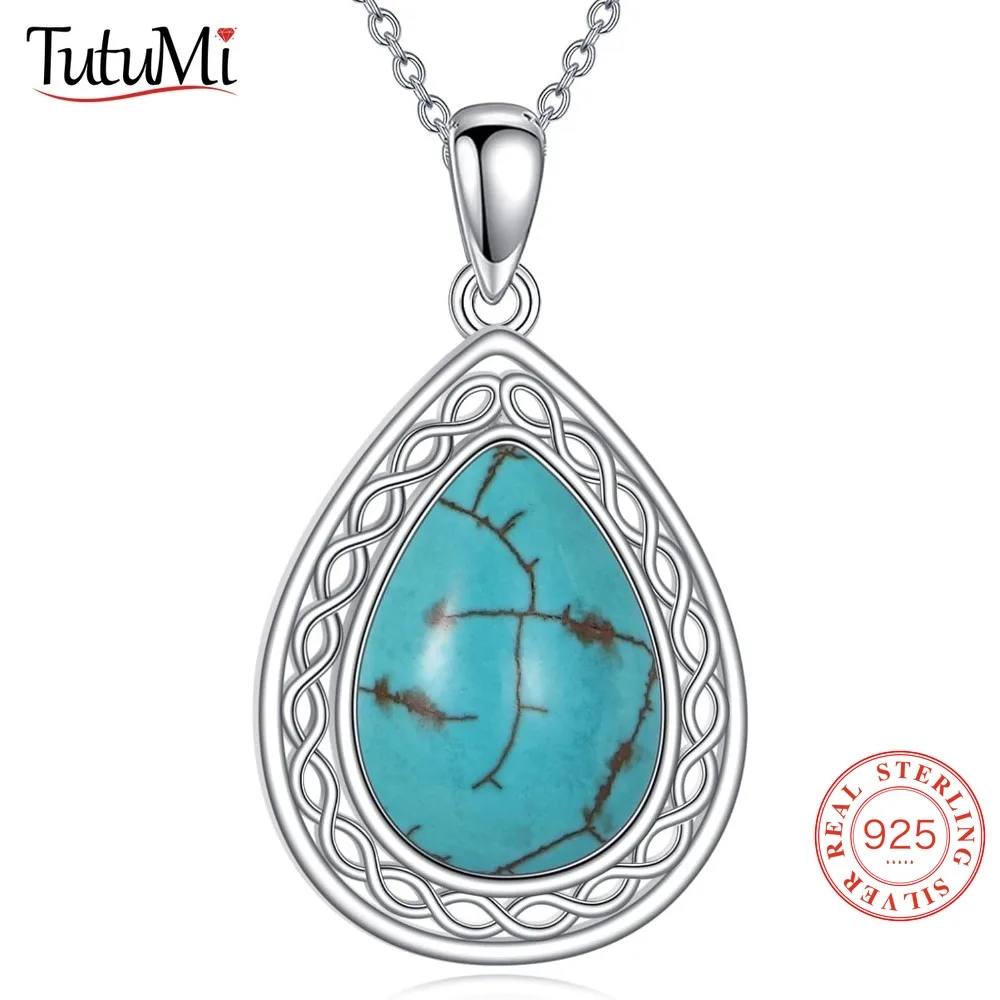 

Подвески из стерлингового серебра 925 пробы с натуральной бирюзой, ожерелье, подвеска в виде скелета-капли, кельтский узел, ювелирные изделия ручной работы, подарки для женщин