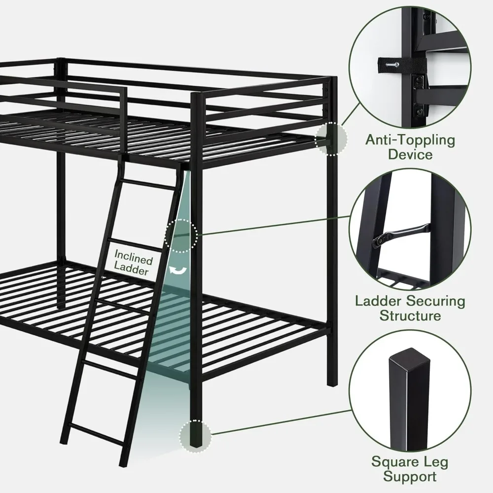 IMUsee Bunk Bed Twin Over Twin Size with Ladder for Junior, Metal Twin Bunk beds with Safety Full-Length Guardrail, Space-Saving