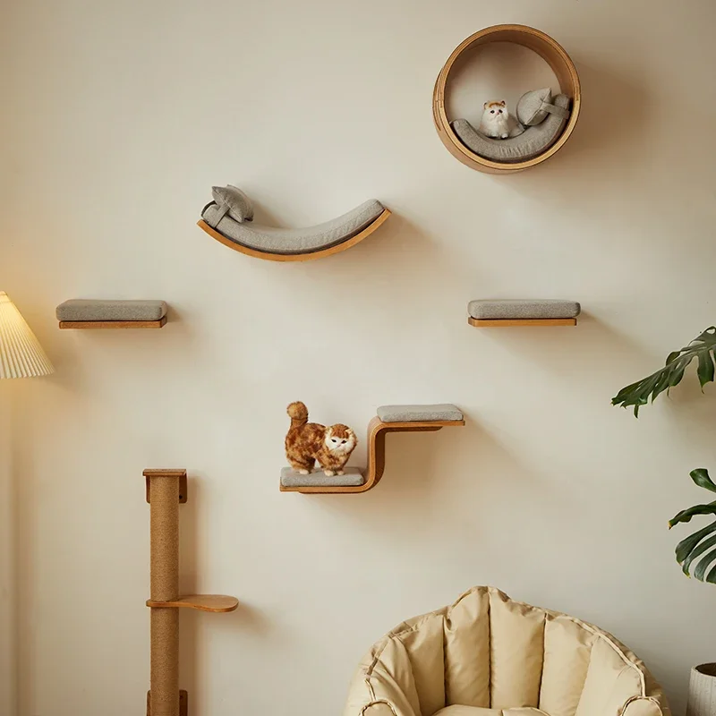 Wall-Mounted Cat Climbing Shelf Wooden Cat Tree Cat Scratching Post Jumping Platform Hide House Grinding Claws Toy Pet Furniture