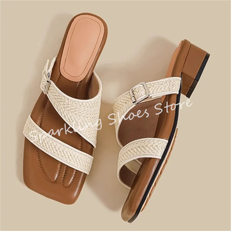 

French Style Weaving Square Toe Women Summer Sandals One-strap Chunky Heel Outside Slippers Ladies Gladiator Shoes