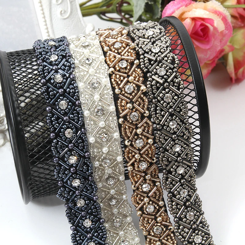 Crystal Beads Lace Ribbon Garment Sewing Accessories Trimmings For Clothing Dress Collar Cuff DIY Crafts Needlework Applique