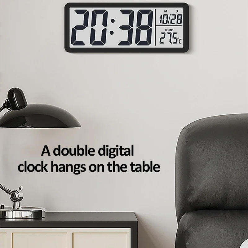 Digital Wall Clock Electronic Wall Mounted LCD Clock Modern Desktop Alarm Clock Bedroom Home Decor with Date Temperature Display