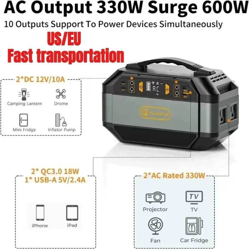 2025 P56 110V/230V Portable Power Station Camping Solar Generator 299Wh 330W AC Outlets Li-ion Battery Backup Power For Home Out