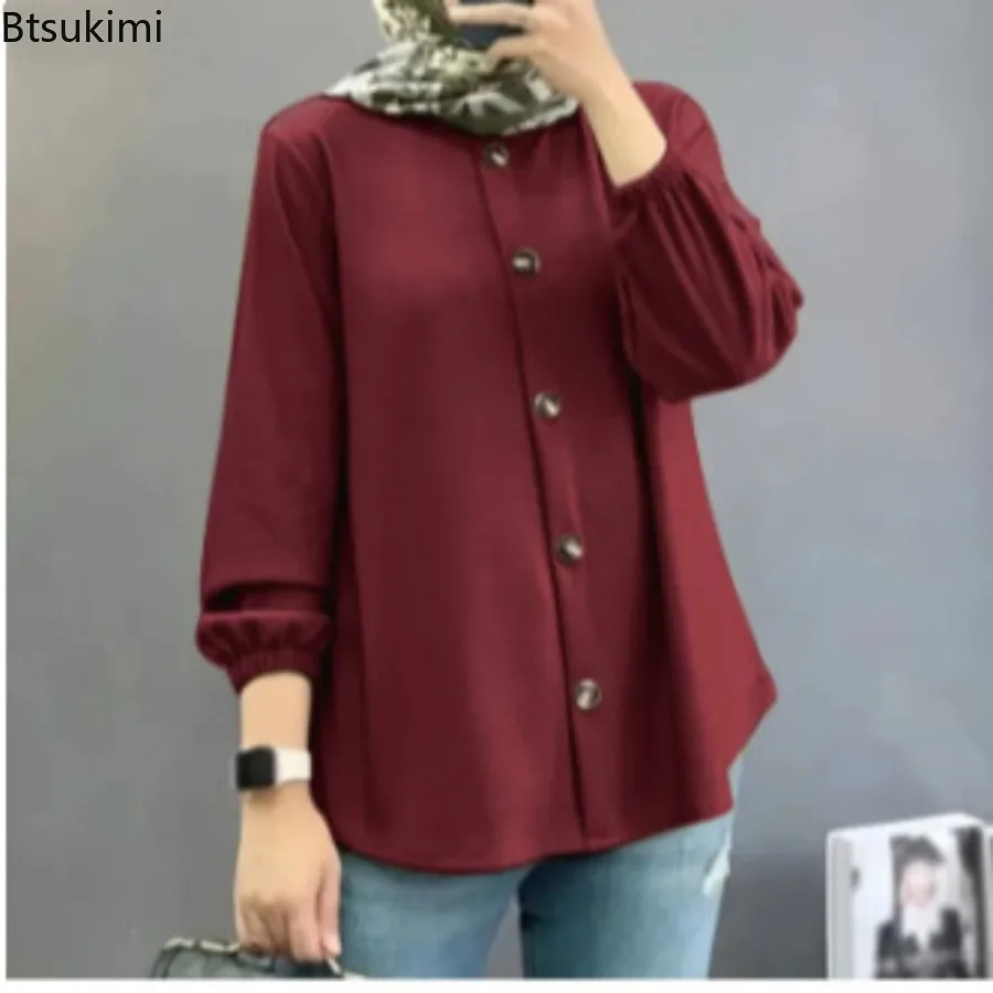 

2024 Muslim Fashion Blouses for Women Vintage Solid O-neck Puff Long Sleeve Shirt Loose Casual Button Cardigan Tops Blusas Mujer