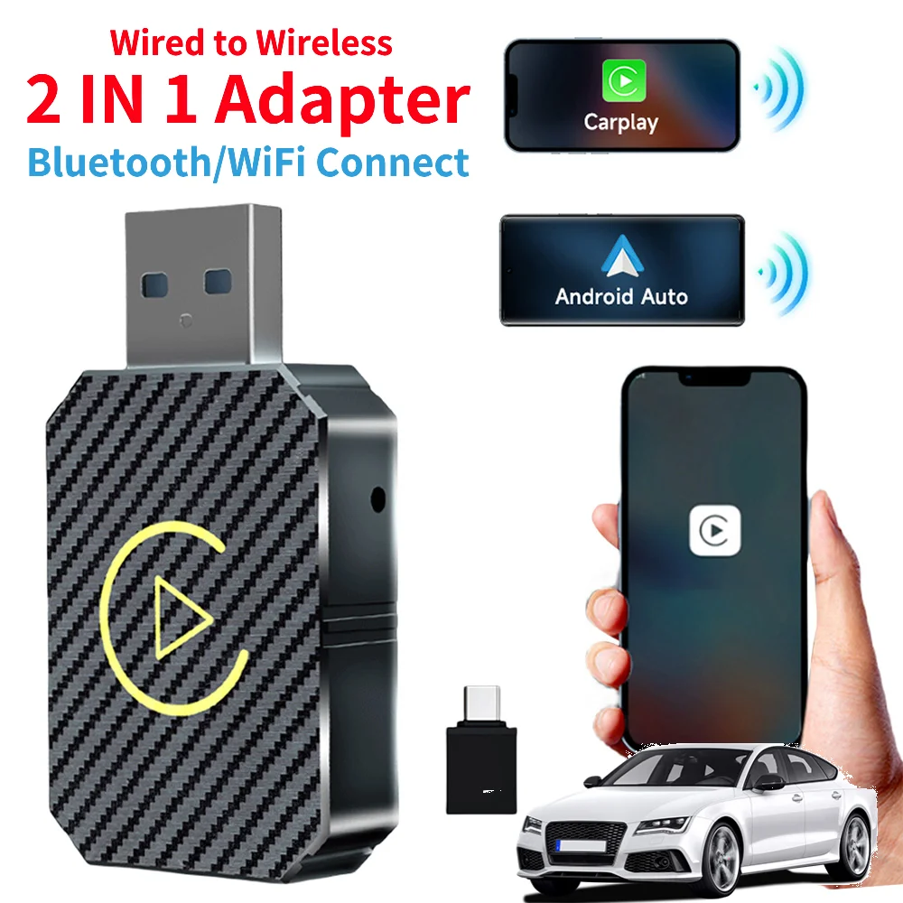 2in1 Wireless Carplay Android Auto Adapter Type-C/USB Plug and Play Car Dongle Wireless Dongle Bluetooth for OEM Wired CarPlay