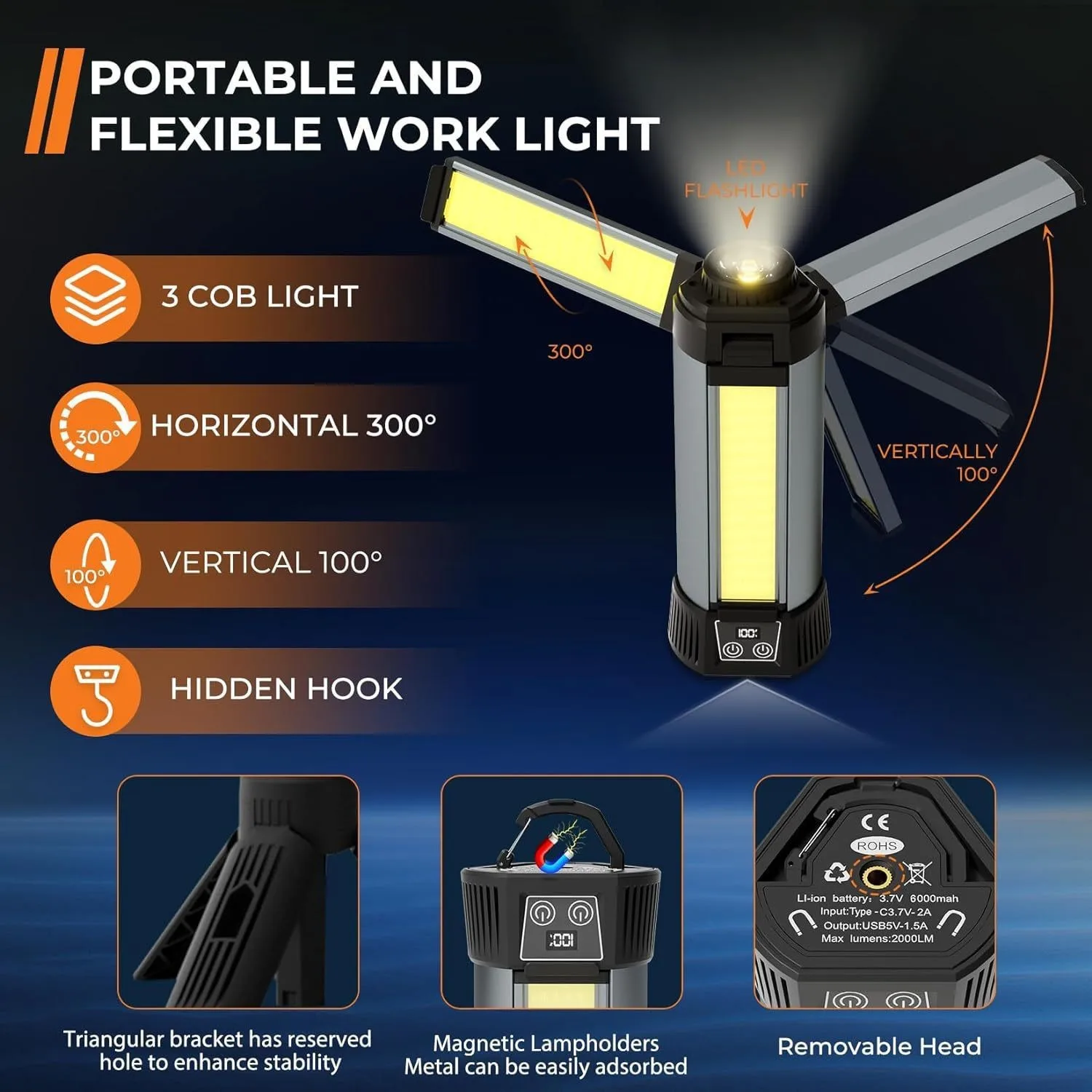 Stretchable COB Work Lamp XHP50 Super Bright Camping Lantern Magnetic Base Digital Power Display USB Charging