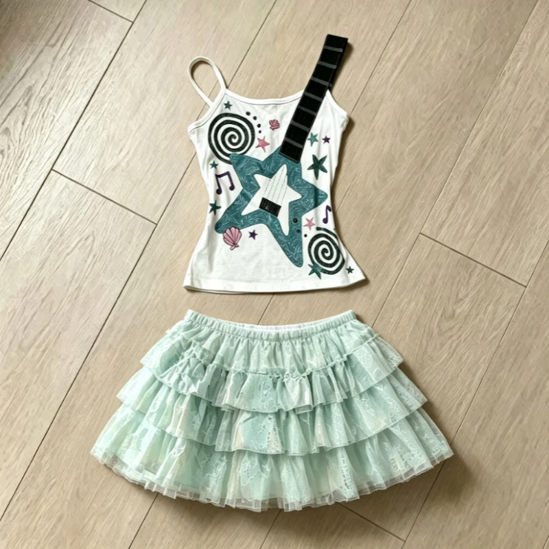 Harajuku Japanese Women Subculture Outfit Sets Piano Graphic Short Top Mini Skirt Retro Y2K Daily American Vintage Casual Suits