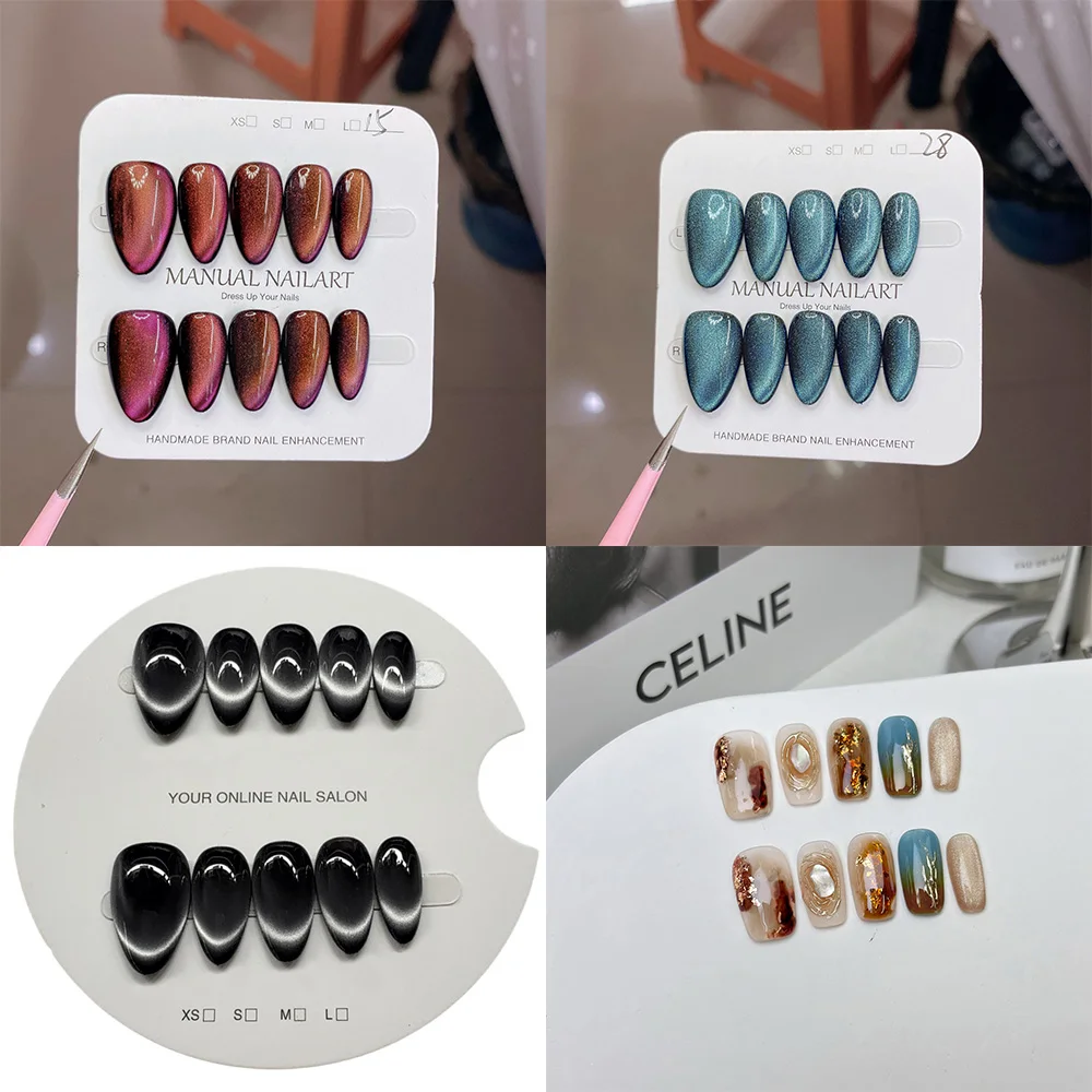 

10 шт. разноцветных накладных ногтей с эффектом кошачьего глаза, короткие овальные, в конфетных тонах, французский маникюр, полное покрытие, ручная работа, янтарный омбре-эффект