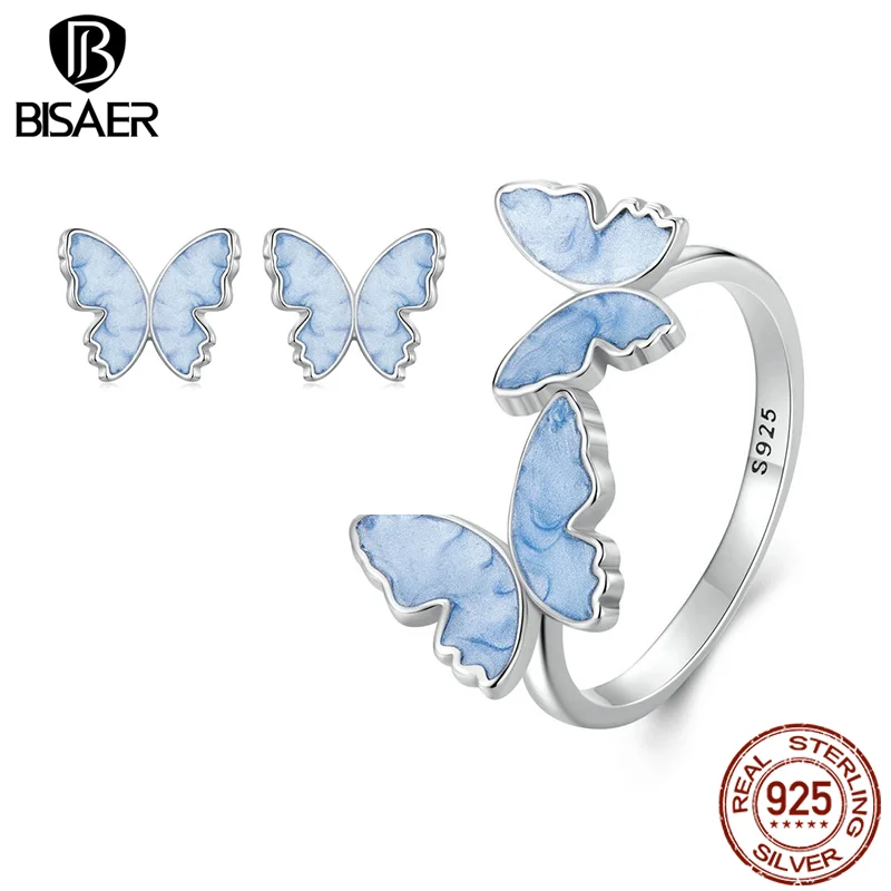 BISAER 925 Sterling Silver Blue Butterfly Open Ring Enamel Stud Earrings Plated White Gold For Luxury Women Party Fine Jewelry