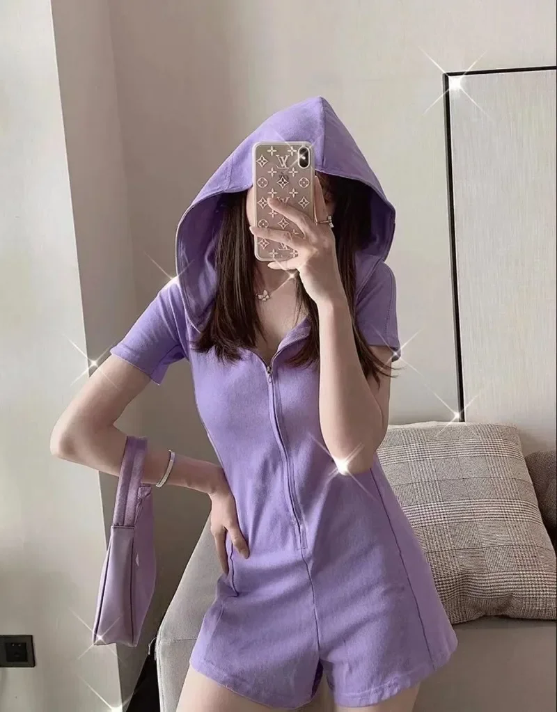 2024 Elegant Ladies Jumpsuit Summer Sweater Ladies Hooded Zipper Waist Jumpsuit Slimming Casual Hip White Jumpsuits for Women