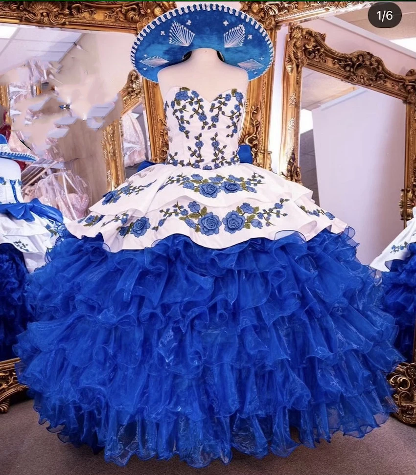 Robes de Quinceanera florales blanches et bleues, nœud dans le dos, chérie, sans manches, volants, jupe à plusieurs niveaux, 2 en 1, robe de Rhspéciale