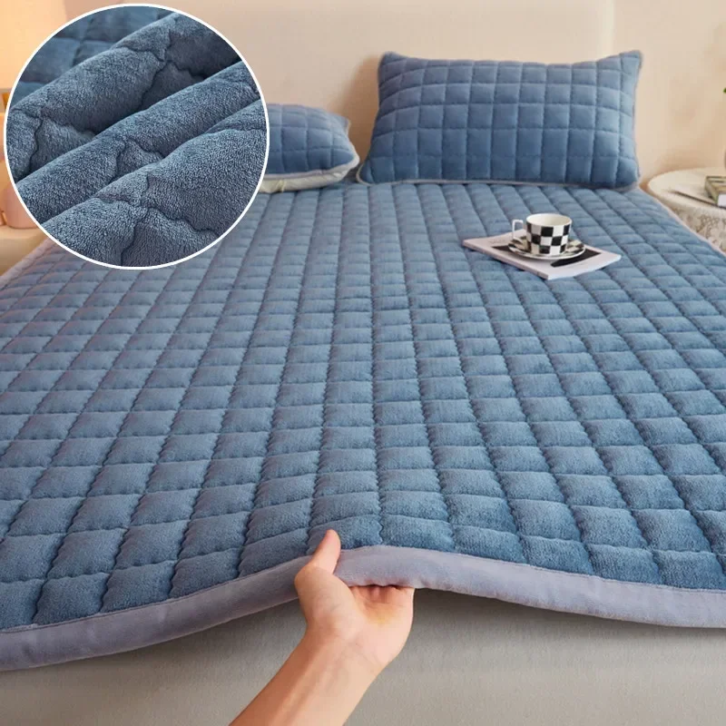 Cubrecolchón de Terciopelo, Acolchado y Grueso, Sábana Acolchada, Juego de Ropa de Cama Azul, Textiles para el Hogar