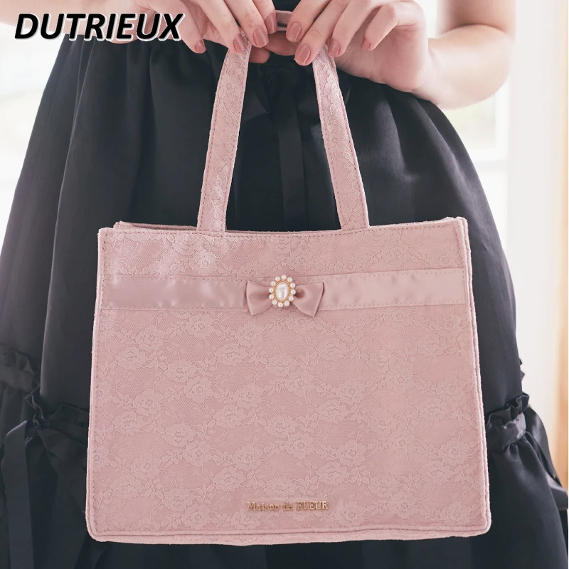 Lolita Bags Japanese Style Flower Gem Ribbon Square Tote Bag Fashion Women's Handbags Sweet Cute Elegant Handbag for Ladies