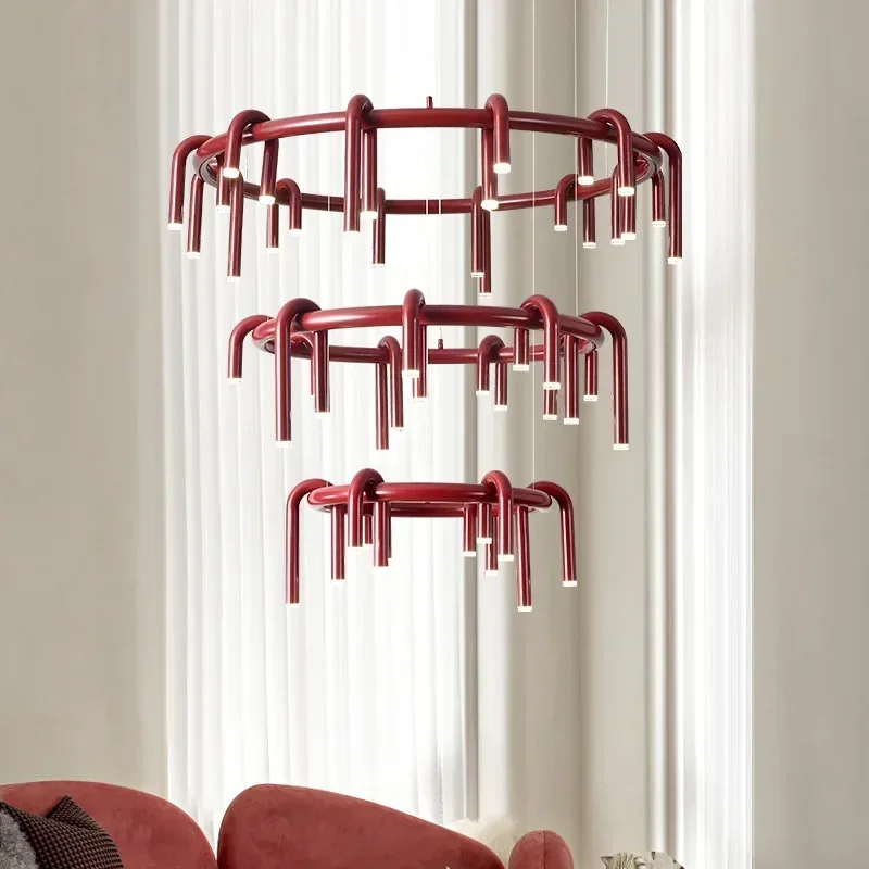 Nordycki Retro Żyrandol w Kształcie Litery U Okrągły Nowoczesny do Salonu Jadalni Sypialni Czerwona Długa Lampa Wisząca Loft Gabinet Oprawy Oświetleniowe LED