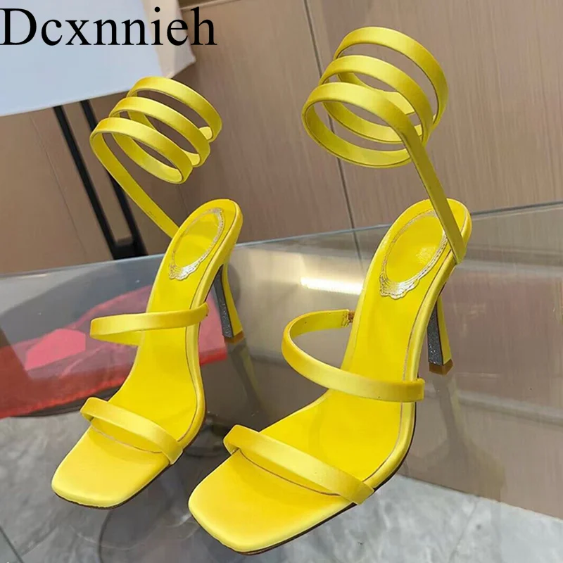 

2024 New Summer Genuine Leather Solid Color Women's Narrow Band Elastic Design High Heel Sandals Sexy Fashion Party Dress Shoes