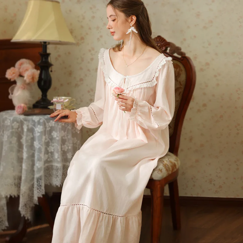 French Style Loose Nightdress Spring Autumn Cotton Full Sleeves Sleepdress Princess White Ankle-Length Nightgowns Long Nightie